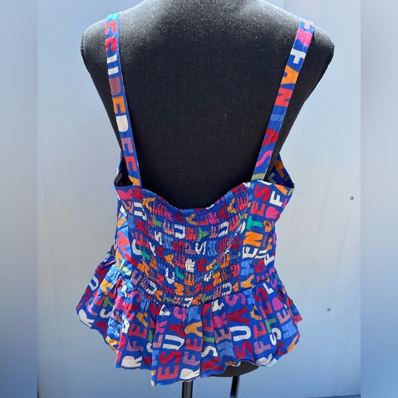 NWT Farm Rio Anthropologie Fantastic Peplum Ruffle Multi Color Top Sz L - Picture 6 of 12